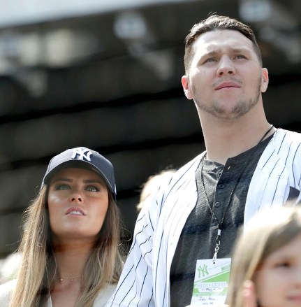 Buffalo Bills NFL football quarterback Josh Allen, right, and his girlfriend Brittany Williams look on during the seventh inning stretch of a baseball game between the New York Yankees and the Minnesota Twins, in New York
Twins Yankees Baseball, New York, USA - 04 May 2019