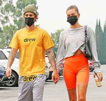 Justin Bieber and wife Hailey Bieber at pilates class. 12 Sep 2020 Pictured: Justin and Hailey Bieber. Photo credit: CrownMedia/MEGA TheMegaAgency.com +1 888 505 6342 (Mega Agency TagID: MEGA700383_002.jpg) [Photo via Mega Agency]
