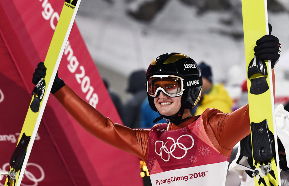 Kevin Bickner of the USA reacts after his first jump of the Men's Normal Hill Individual Ski Jumping competition at the Alpensia Ski Jumping Centre during the PyeongChang 2018 Olympic Games, South Korea, 10 February 2018.
Ski Jumping - PyeongChang 2018 Olympic Games, Daegwallyeong-Myeon, Korea - 10 Feb 2018