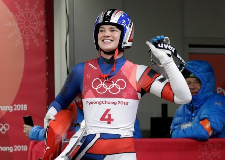 Summer Britcher of the United States smiles after her final run during the women's luge final at the 2018 Winter Olympics in Pyeongchang, South Korea
Olympics Luge, Pyeongchang, South Korea - 13 Feb 2018