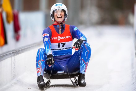 Summer Britcher of the USA reacts in the finish area during the second run of the women's Singles competition of the Luge World Cup in Schoenau am Koenigssee, Germany, 29 February 2020.
Luge World Cup, Schoenau, Germany - 29 Feb 2020