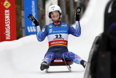 Summer Britcher of the USA reacts at the finish area during the women's second run of the Luge World Cup Race in Winterberg, Germany, 02 January 2022.
Luge World Cup in Winterberg, Germany - 02 Jan 2022