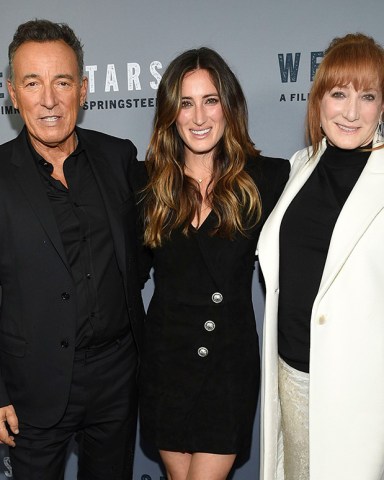 Bruce Springsteen, Jessica Springsteen, Patti Scialfa. Singer-songwriter and co-director Bruce Springsteen, left, daughter Jessica Springsteen and wife Patti Scialfa attend the special screening of "Western Stars" at Metrograph, in New York
NY Special Screening of "Western Stars", New York, USA - 16 Oct 2019