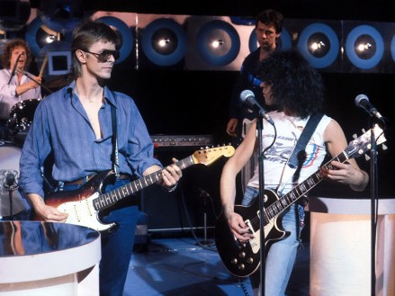 Editorial use onlyMandatory Credit: Photo by ITV/Shutterstock (697210aa)'Marc'  TV - 1977 - David Bowie makes a rare television appearance as co-host in the last of this series of shows, in which  Marc Bolan was resident host.ITV ARCHIVE