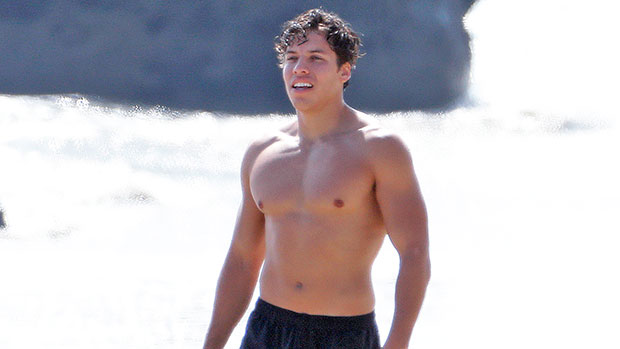 Joseph Baena Poses Just Like Dad Arnold Schwarzenegger While Shirtless At The Beach