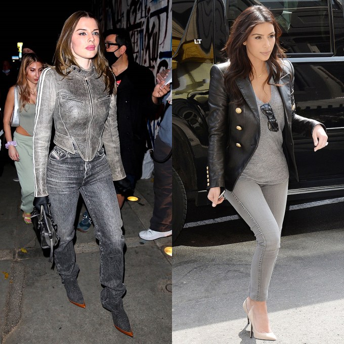 Kim Kardashian & Julia Fox In All-Grey Looks