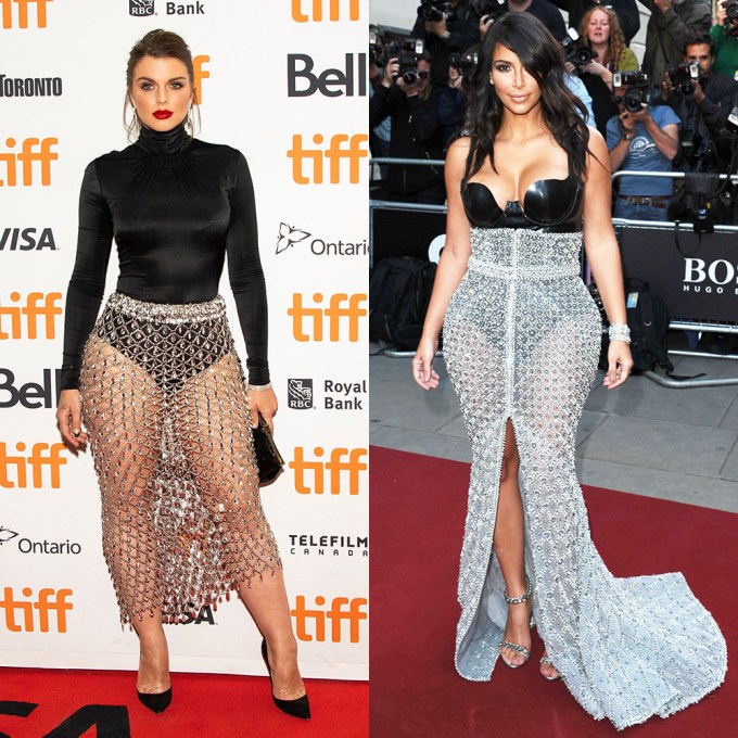 Kim Kardashian & Julia Fox In Bejeweled Sheer Skirts