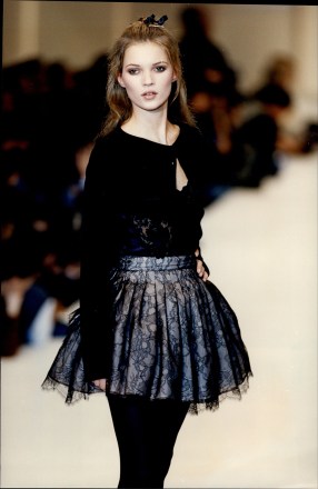 Chantal Thomas Fall/Winter 1994 Collection - Paris - Model Kate Moss Miniskirt.  Chantal Thomas Fall/Winter 1994 Collection - Paris - Model Kate Moss Miniskirt.