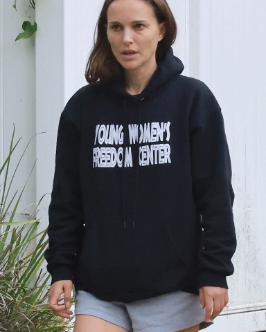 Los Feliz, CA  - *EXCLUSIVE*  - A baggy-eyed Natalie Portman enjoys a stroll with a gal pal around the Los Feliz area.  She kept her look comfy wearing a navy 'Young Women's Freedom Center' hoodie and shorts.  Pictured: Natalie Portman  BACKGRID USA 21 MAY 2022   USA: +1 310 798 9111 / usasales@backgrid.com  UK: +44 208 344 2007 / uksales@backgrid.com  *UK Clients - Pictures Containing Children Please Pixelate Face Prior To Publication*