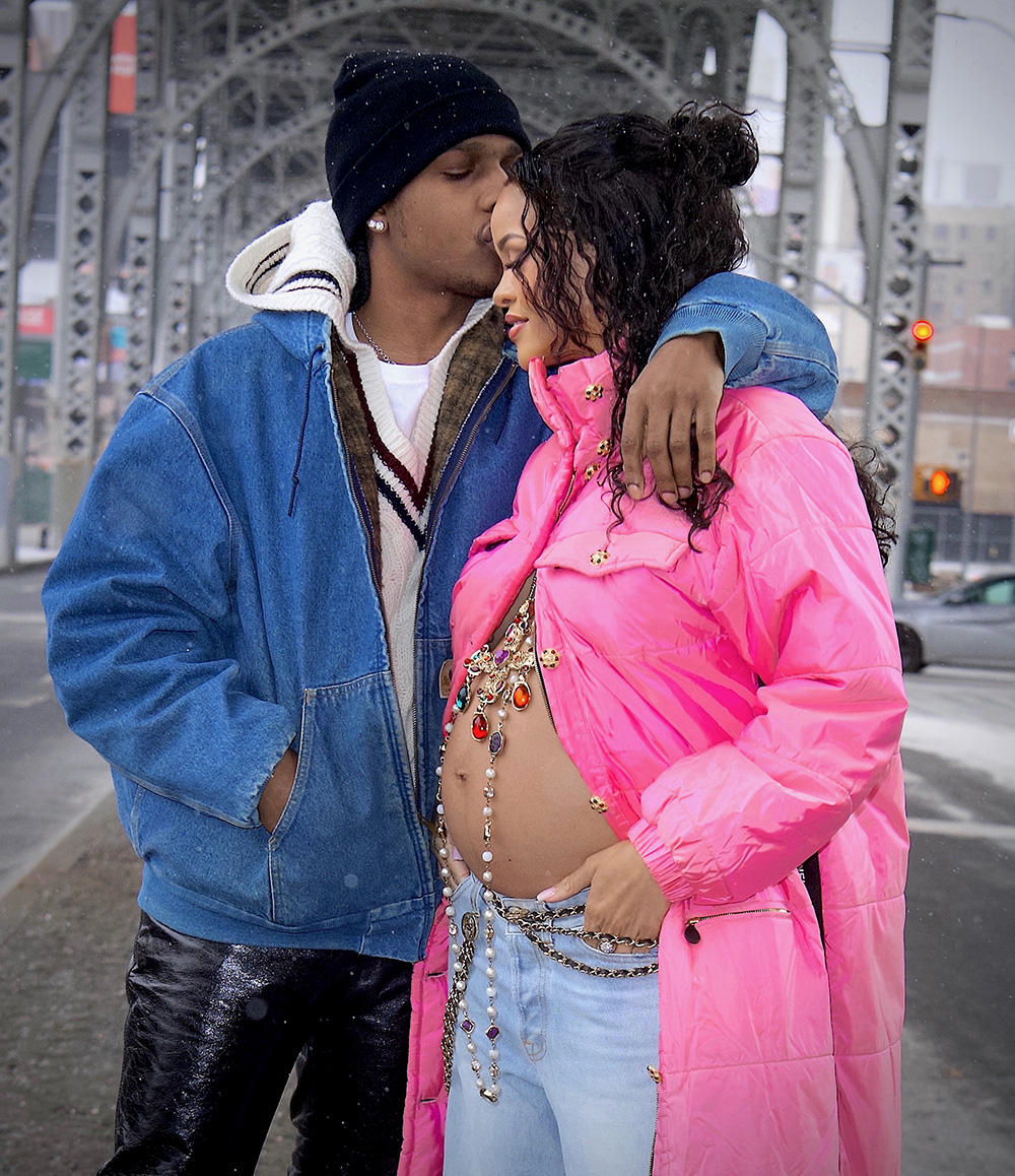 Rihanna is set to be a Mom for the very first time ! She was spotted out in NYC with Boyfriend, ASAP Rocky this weekend, shocking the world with her baby bump on full display. The inseparable pair stepped out in Harlem, his hometown, and were seen looking happier than ever. Rihanna’s bare bump was adorned by an elegant gold cross with colorful jewels, as she leaned into her boyfriend’s tender kiss on her forehead. She looked absolutely radiant as they enjoyed a walk in the snowy brisk air together before headed back to their new apartment together to prepare for parenthood.  
MANDATORY BYLINE - DIGGZY/Shutterstock