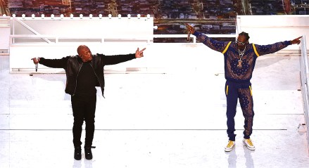 Dr.  Dre (L) and Snoop Dogg (R) performing during the halftime show of Super Bowl LVI at SoFi Stadium in Inglewood, California, USA, 13 February 2022. The annual Super Bowl is the Championship game of the NFL between the AFC Champion and the NFC Champion and has been held every year since January of 1967. Los Angeles Rams at Cincinnati Bengals, Inglewood, USA - 13 Feb 2022
