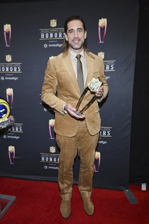 Green Bay Packers Aaron Rodgers poses with the AP Most Valuable Player trophy during the NFL Honors, at Los Angeles NFL Honors, Los Angeles, USA - February 10, 2022