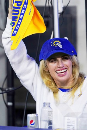 Actress Rebel Wilson cheers as the Los Angeles Rams take on the San Francisco 49ers in the NFL NFC Championship game, in Inglewood, Calif. The Rams defeated the 49ers 20-1749ers Rams Football, Inglewood, United States - 01 Jan 2019
