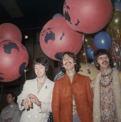 The Beatles are seen backstage during a break in rehearsal for the live broadcast of their new song "All You Need Is Love" on the "Our World" program at EMI studios in London, June 1967. From left: Paul McCartney, George Harrison, and Ringo Starr
The Beatles