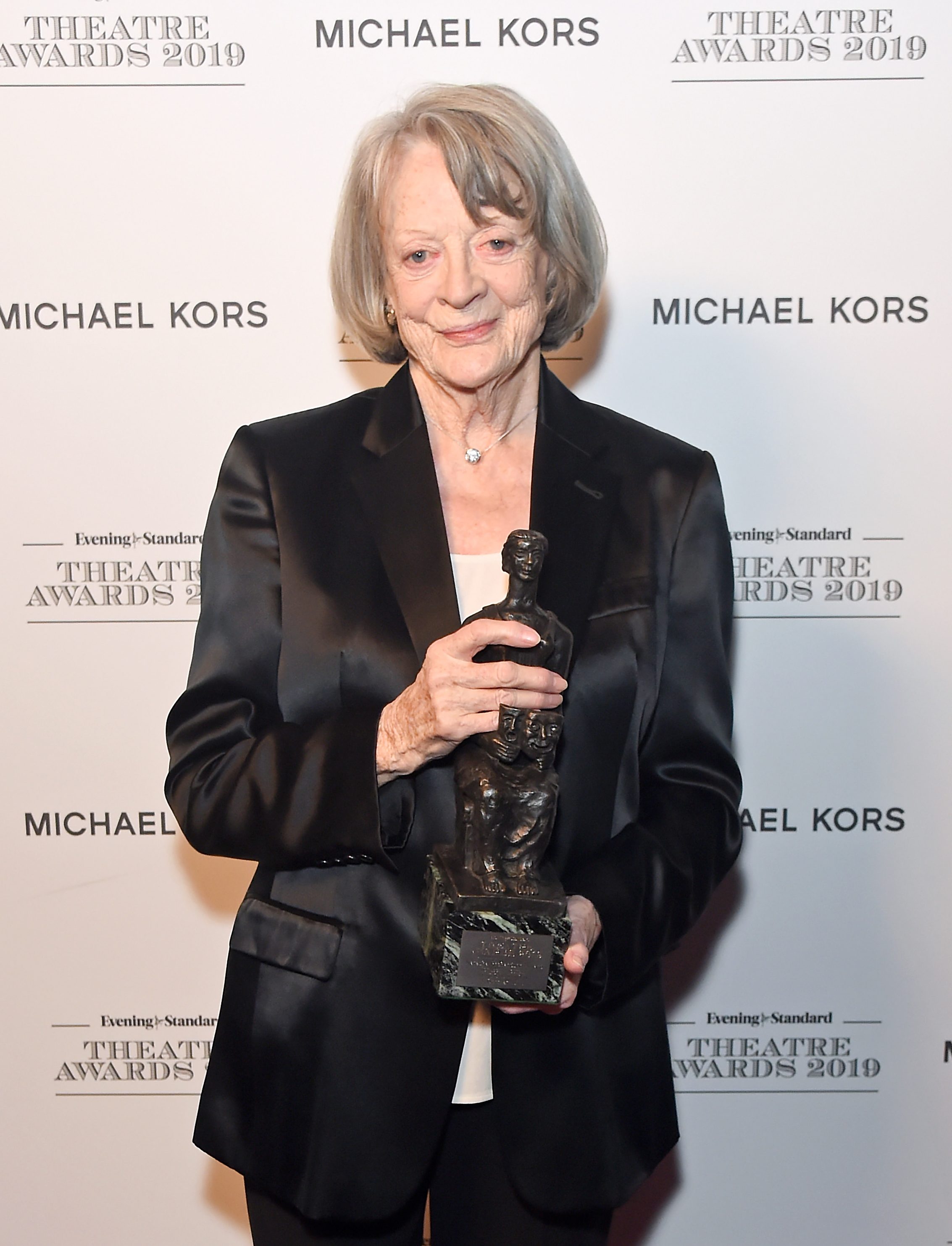 LONDON, ENGLAND - NOVEMBER 24:  Dame Maggie Smith, winner of Natasha Richardson Award for Best Actress Award in partnership with Christian Louboutin for 'A German Life' poses in the winners room at the 65th Evening Standard Theatre Awards In Association With Michael Kors at London Coliseum on November 24, 2019 in London, England. (Photo by David M. Benett/Dave Benett/Getty Images)