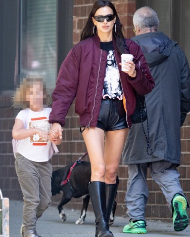 New York, NY - *EXCLUSIVE* - Russian model Irina Shayk turns heads wearing tiny leather shorts during a mid-day stroll with her daughter Lea in New York.In an interview, she said she admires Emily Ratajkowski because she’s always sexy and feminine and all about loving your body. "Maybe I’m not so vocal about it, but I’m totally on the same wavelength: You’re a mother, but it doesn’t mean you cannot go outside in a tiny little skirt or put a sexy picture up.”Pictured: Irina ShaykBACKGRID USA 20 APRIL 2023 USA: +1 310 798 9111 / usasales@backgrid.comUK: +44 208 344 2007 / uksales@backgrid.com*UK Clients - Pictures Containing ChildrenPlease Pixelate Face Prior To Publication*