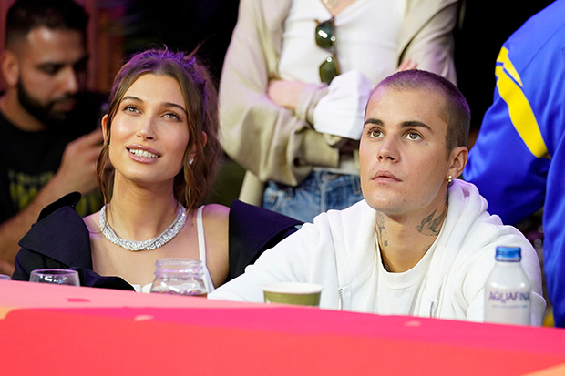 Justin Bieber, right, and his wife, Hailey, watch during halftime of the NFL Super Bowl 56 football game between the Los Angeles Rams and the Cincinnati Bengals, in Inglewood, CalifRams Bengals Super Bowl Football, Inglewood, United States - 13 Feb 2022