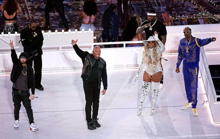 Eminem, left to right, Kendrick Lamar, Dr. Dre, Mary J. Blige, 50 Cent and Snoop Dogg perform during the Pepsi Halftime show during the NFL Super Bowl 56 football game between the Los Angeles Rams and the Cincinnati Bengals, in Inglewood, Calif
Rams Bengals Super Bowl Football, Inglewood, United States - 13 Feb 2022