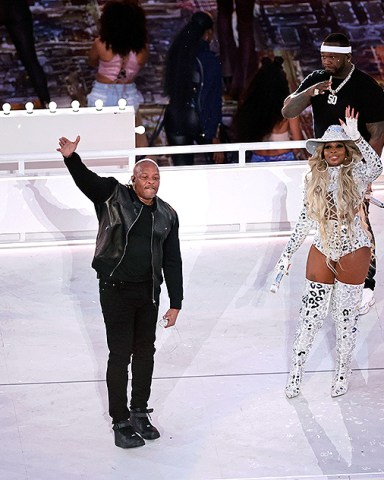 Eminem, left to right, Kendrick Lamar, Dr. Dre, Mary J. Blige, 50 Cent and Snoop Dogg perform during the Pepsi Halftime show during the NFL Super Bowl 56 football game between the Los Angeles Rams and the Cincinnati Bengals, in Inglewood, Calif
Rams Bengals Super Bowl Football, Inglewood, United States - 13 Feb 2022