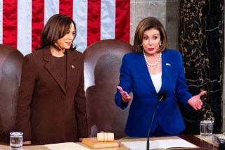 US Vice President Kamala Harris (L) speaks with Speaker of the House Nancy Pelosi (R) ahead of the State of the Union address in the US Capitol in Washington, DC, USA, 01 March 2022.
The State of the Union address in Washington DC, USA - 01 Mar 2022