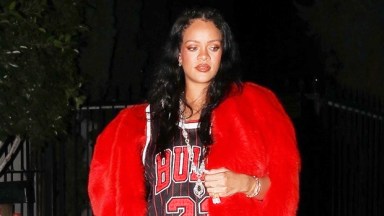 Rihanna Rewears Red Fur Heart Jacket For Pregnancy Outfit – Photo ...