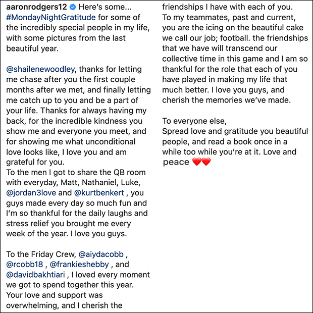 Rodgers thanks Packers teammates, coaches and Shailene Woodley in Instagram  post