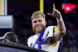 Los Angeles Rams wide receiver Cooper Kupp (10) celebrates after their victory against the Cincinnati Bengals in Super Bowl 56, in Inglewood, CA. The Rams defeated the Bengals 23-30Super Bowl Football, Inglewood, United States - 13 Feb 2022