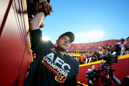 Cincinnati Bengals quarterback Joe Burrow celebrates with fans after the AFC championship NFL football game against the Kansas City Chiefs, in Kansas City, Mo. The Bengals won 27-24 in overtime
Bengals Chiefs Football, Kansas City, United States - 30 Jan 2022