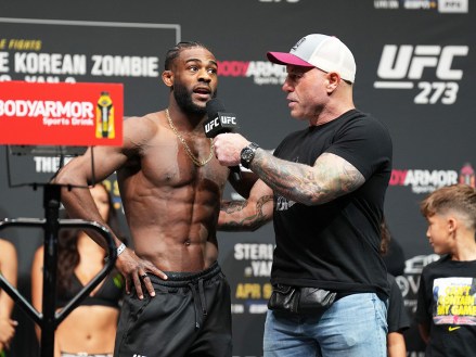 JACKSONVILLE, FL - April 8: Aljamain Sterling meets with Joe Rogan after he steps on the scales for the fans at Vystar Memorial Arena for UFC 273 - Volkanovski vs The Korean  - Ceremonial Weigh-ins on April 8, 2022 in Jacksonville, Florida, United States. (Photo by Louis Grasse/SPP-PX)
UFC 273 - Volkanovski vs The Korean Zombie, Jacksonville, Florida, JACKSONVILLE, FL, United States - 08 Apr 2022