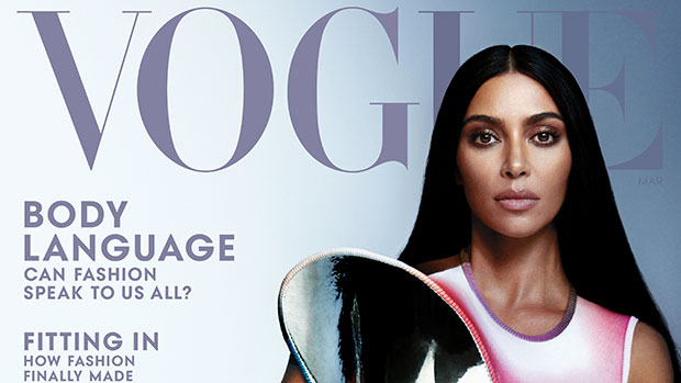 Kim Kardashian Looks Flawless In Tight Patterned Dress & Long Black Hair On ‘Vogue’ Cover