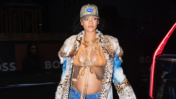 Rihanna Rocks Plunging Crop Top & Low-Rise Pants To Show Off Bare Baby Bump