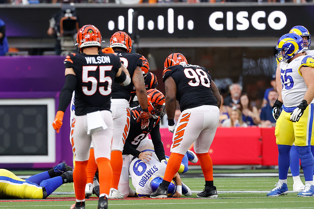 Cincinnati Bengals defensive end Sam Hubbard (94) warms up before the NFL  Super Bowl 56 football game against the Los Angeles Rams Sunday, Feb. 13,  2022, in Inglewood, Calif. (AP Photo/Steve Luciano