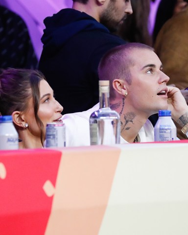 Hailey and Justin Bieber watch the Pepsi Super Bowl LVI Halftime Show during Super Bowl LVI between the Cincinnati Bengals and Los Angeles Rams at SoFi Stadium in Los Angeles on Sunday, February 13, 2022.
Super Bowl Lvi, Los Angeles, California, United States - 13 Feb 2022