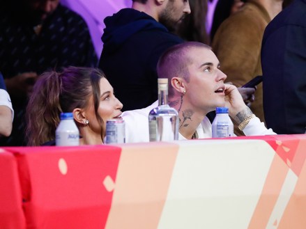 Hailey and Justin Bieber watch the Pepsi Super Bowl LVI Halftime Show during Super Bowl LVI between the Cincinnati Bengals and Los Angeles Rams at SoFi Stadium in Los Angeles on Sunday, February 13, 2022.
Super Bowl Lvi, Los Angeles, California, United States - 13 Feb 2022