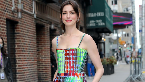 Anne Hathaway Rocks Eye-Popping Neon Jumpsuit With Matching Jacket On ‘The Late Show’