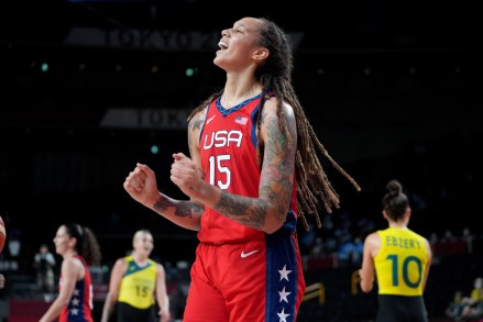 Editorial use only Mandatory Credit: Photo by JOE GIDDENS / EPA-EFE / Shutterstock (12246542l) Brittney Griner of the USA reacts during the Women's Quarterfinal Basketball match between Australia and the USA at the Saitama Super Arena during the Tokyo Olympic Games in Saitama, Japan , 04 August 2021. Olympic Games 2020 - Basketball, Saitama, Japan - 04 Aug 2021