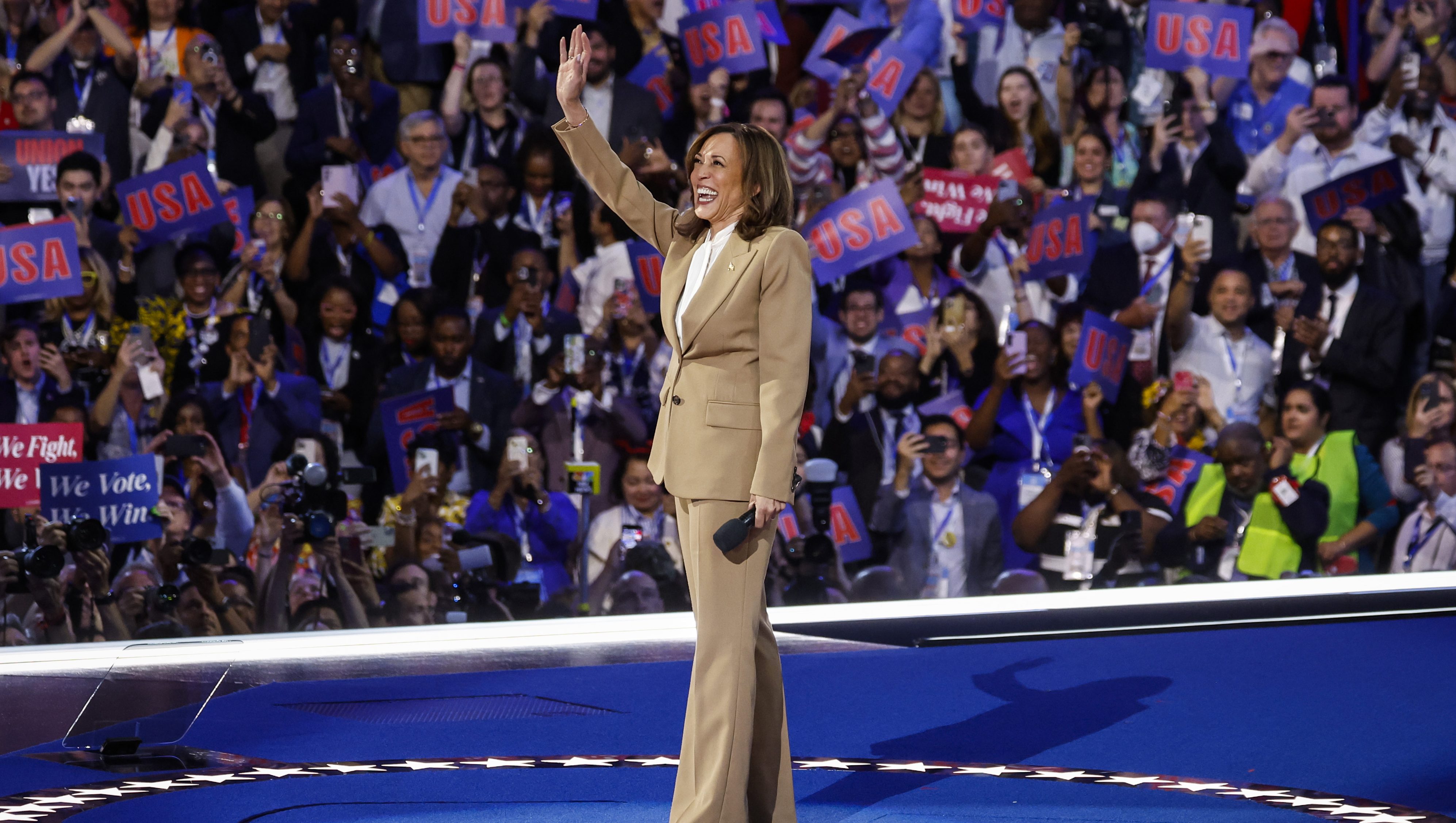 CHICAGO, ILLINOIS - AUGUST 19: Democratic presidential candidate, U.S. Vice President Kamala Harris speaks onstage during the first day of the Democratic National Convention at the United Center on August 19, 2024 in Chicago, Illinois.  Delegates, politicians, and Democratic party supporters are in Chicago for the convention, concluding with current Vice President Kamala Harris accepting her party's presidential nomination. The DNC takes place from August 19-22. (Photo by Kevin Dietsch/Getty Images)