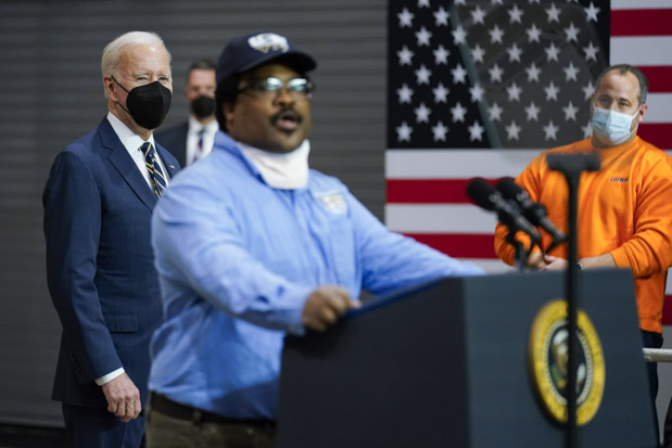 President Joe Biden listens as Joseph "Joe" Burgess, a steel worker and member of the Local 1557 union, introduces him at Carnegie Mellon University at Mill 19 in PittsburghBiden, Pittsburgh, United States - 28 Jan 2022