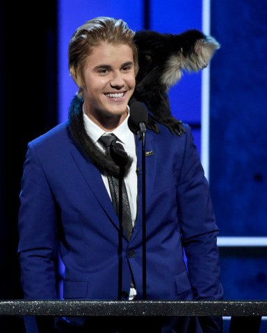 A monkey rests on Justin Bieber's shoulder as he speaks at the Comedy Central Roast of Justin Bieber at Sony Pictures Studios, in Culver City, Calif APTOPIX Comedy Central Roast Of Justin Bieber - Show, Culver City, USA - 14 Mar 2015