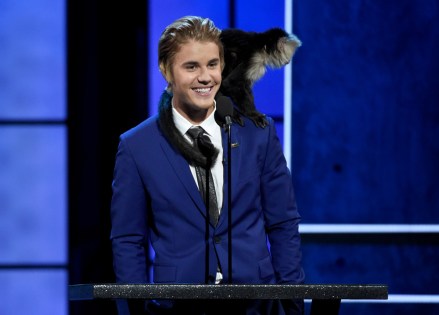 Seekor monyet bersandar di bahu Justin Bieber saat dia berbicara di Comedy Central Roast of Justin Bieber di Sony Pictures Studios, di Culver City, California APTOPIX Comedy Central Roast Of Justin Bieber - Show, Culver City, AS - 14 Mar 2015