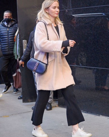 Emily Blunt wears a teddy bear coat paired with white sneakers exiting the Good Morning America morning show in New York CityPictured: Emily BluntRef: SPL5501576 101122 NON-EXCLUSIVEPicture by: SplashNews.comSplash News and PicturesUSA: +1 310-525-5808London: +44 (0)20 8126 1009Berlin: +49 175 3764 166photodesk@splashnews.comWorld Rights