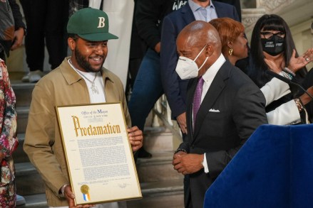 NYC mayor Eric Adams honors the Christopher "Notorious B.I.G." Wallace for his 50th birthday on May 19, 2022 at NY City Hall Rotunda in New York City, USA. 

"Christopher George Latore Wallace (May 21, 1972 - March 9, 1997), better known by his stage names the Notorious B.I.G., Biggie Smalls, or simply Biggie,[3] was an American rapper and songwriter. Rooted in the New York rap scene and gangsta rap traditions, he is widely considered one of the greatest rappers of all time. Wallace became known for his distinctive laid-back lyrical delivery, offsetting the lyrics' often grim content. His music was often semi-autobiographical, telling of hardship and criminality, but also of debauchery and celebration" -Wikipedia
NYC Mayor Eric Adams Honors Christopher "Notorious B.I.G." Wallace, New York, United States - 19 May 2022