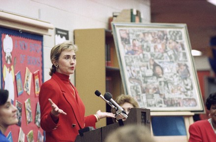 Hillary Clinton speaks to students at the Winthrop Rockefeller Elementary School in Little Rock, Arkansas, . Students and teacher's Presented Mrs. Clinton with a college to commemorate the election year
Hillary Clinton, Little Rock, USA