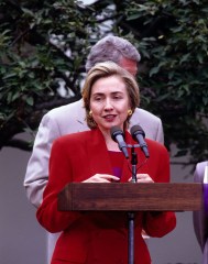 Hillary Clinton speaks to members of the League of Women Voters in the Rose Garden of the White House in Washington DC
Hillary Clinton
