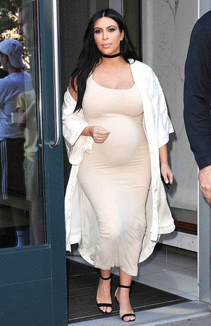 Kim Kardashian In Tight Tan Dress