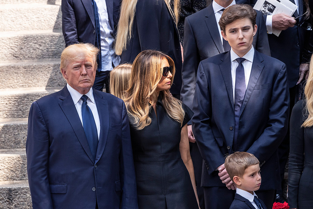 Former President Donald Trump, Melania Trump, Barron Trump watch as casket with body of Ivana Trump loaded into hearse at St. Vincent Ferrer Church. Ivana Trump, former wife of former President Donald Trump died on July 14, 2022 in her home, she was 73 years old. Funeral was attended by former President Donald Trump and his wife Melania Trump and their son Barron as well as children by Donald Trump and Ivana Trump Ivanka, Eric, and Donald Jr. and their families including children. NY: Funeral for Ivana Trump, Harrison, New Jersey, United States - 20 Jul 2022