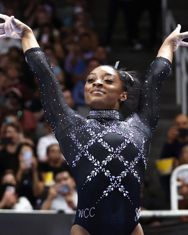 Simone Biles dismounts from the beam during the US Gymnastics Championships Women's Day 2 at SAP Center in San Jose, California, USA, 27 August 2023.
US Gymnastics Championships, San Jose, USA - 27 Aug 2023