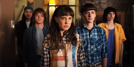 STRANGER THINGS. (L to R) Eduardo Franco as Argyle, Charlie Heaton as Jonathan, Millie Bobby Brown as Eleven, Noah Schnapp as Will Byers, and Finn Wolfhard as Mike Wheeler in STRANGER THINGS. Cr. Courtesy of Netflix  © 2022