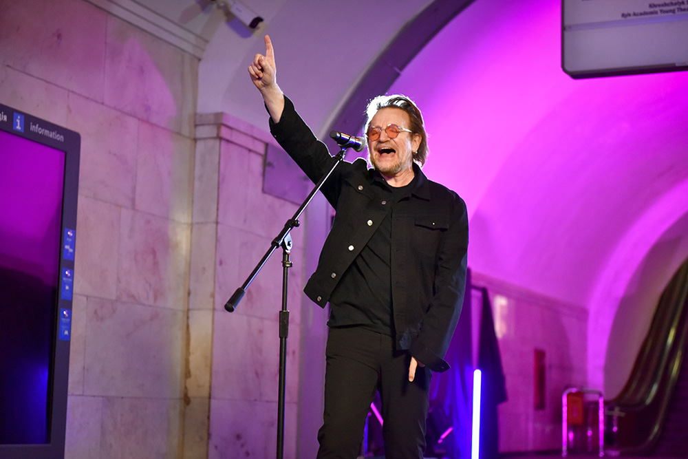 Irish musician Bono of U2 performs in metro station in Kyiv, Ukraine - 08 May 2022