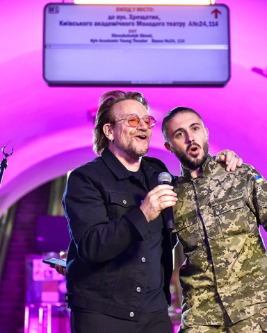 Irish musician Bono (L) of the band U2 performs with Ukrainian singer Taras Topolya (R) from Antytila band, who now serves in the Ukrainian army, in Khreshatyk metro station in Kyiv (Kiev), Ukraine, 08 May 2022, to support Ukraine in the conflict with Russia. Western countries have responded with various sets of sanctions against Russian state majority owned companies and interests in a bid to bring an end to the conflict. Russian troops entered Ukraine on 24 February, resulting in fighting and destruction in the country. Irish musician Bono of U2 performs in metro station in Kyiv, Ukraine - 08 May 2022